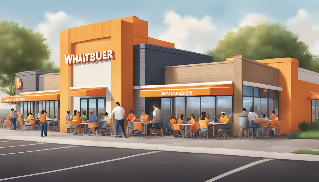 A bustling Whataburger in Weslaco, with customers enjoying their meals and staff engaging with the local community