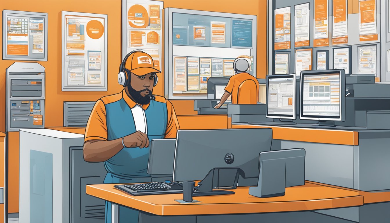 A Whataburger employee using a computer to access the workday system, with security and compliance posters on the wall