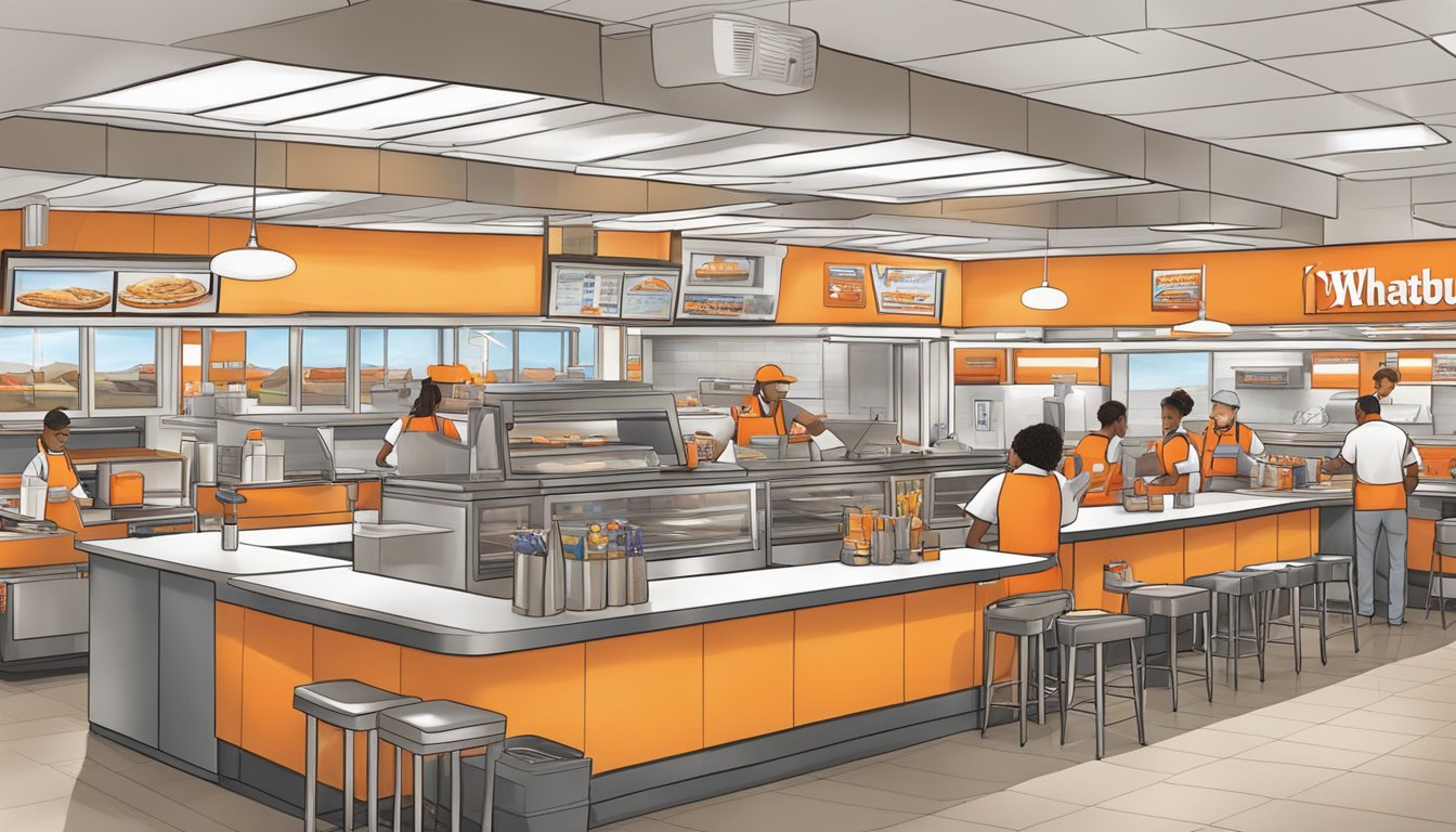 A bustling Whataburger restaurant at the end of a workday, with employees cleaning and preparing for the next day