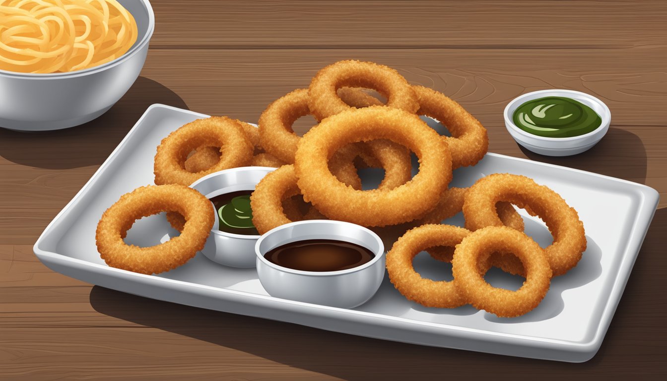 A plate of crispy onion rings with a side of dipping sauce