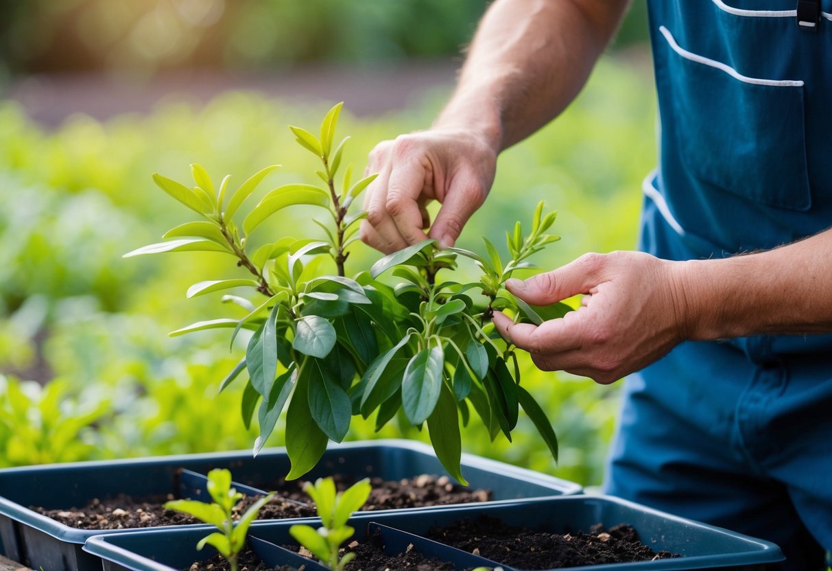 A gardener carefully takes cuttings from a viburnum plant, placing them in a tray of moist soil to propagate