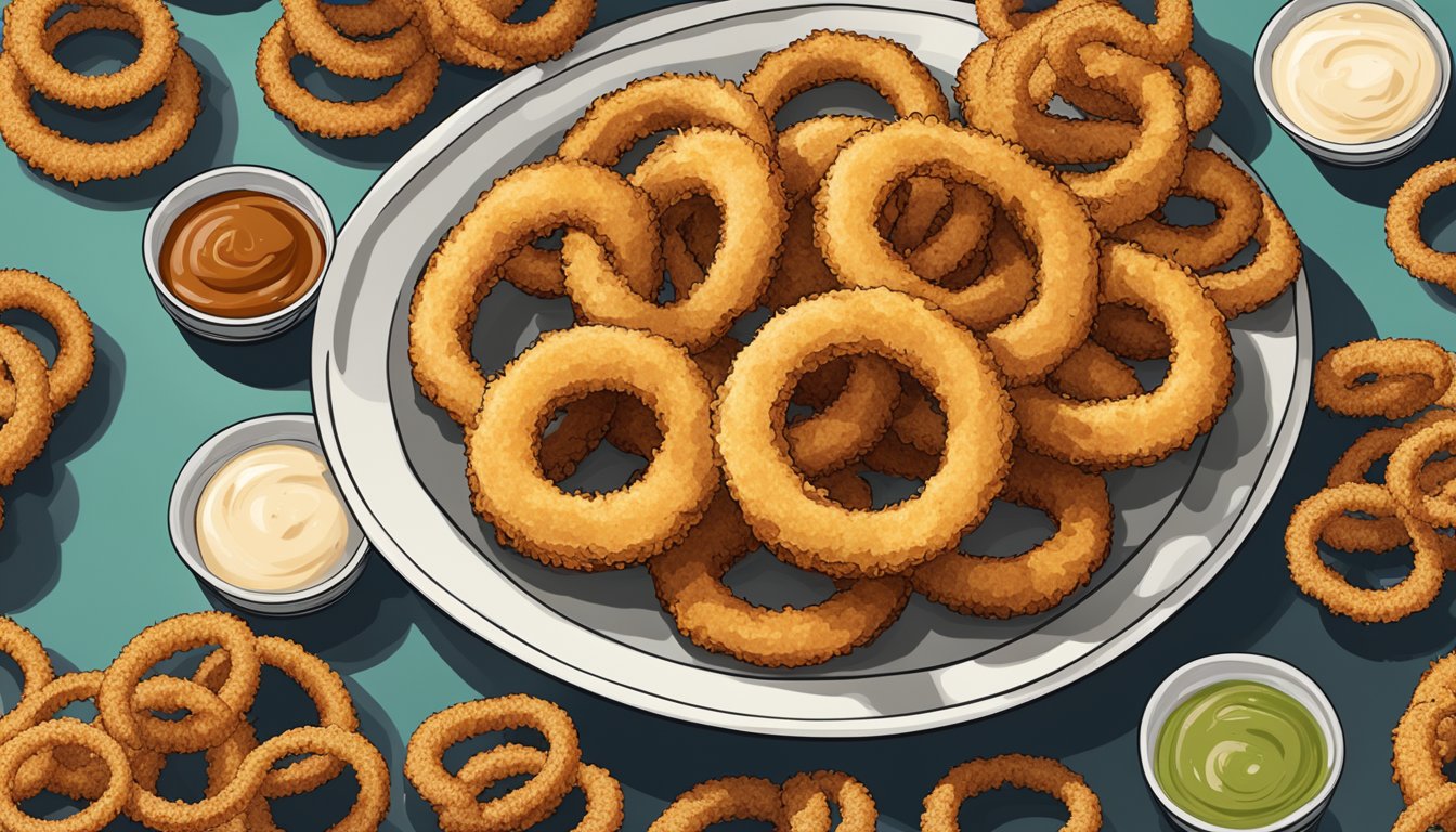 A plate of crispy onion rings with a side of dipping sauce