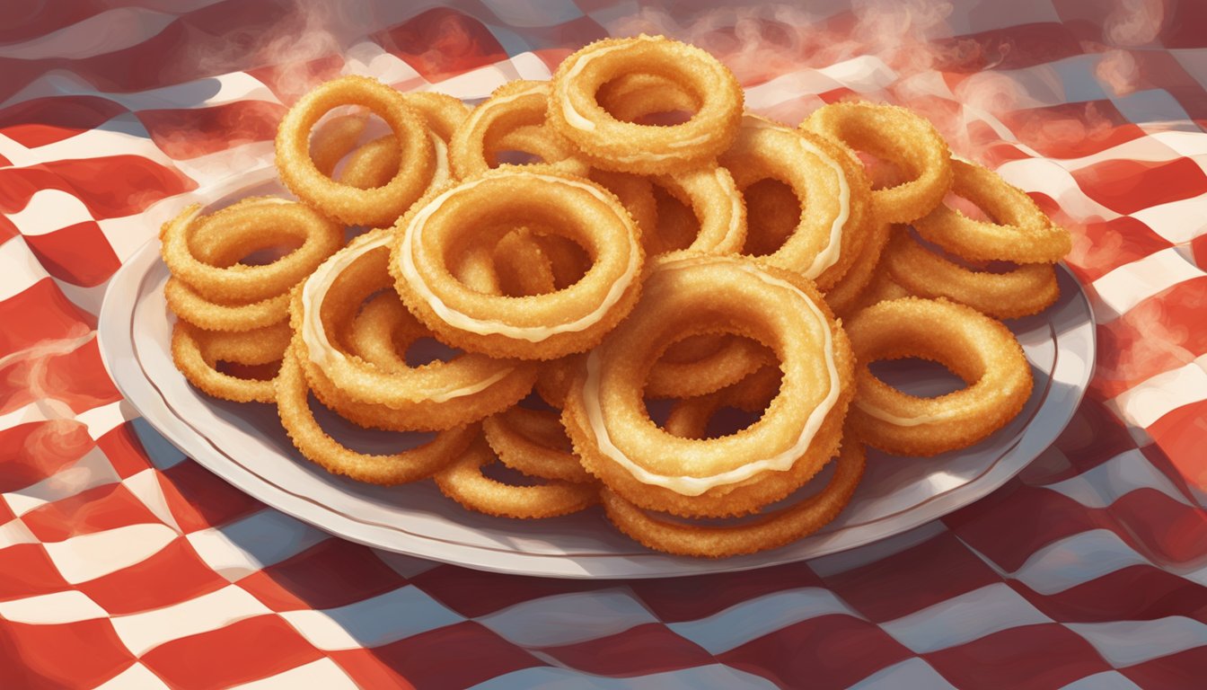 A sizzling pile of golden onion rings sits on a red and white checkerboard paper, steam rising from the crispy exterior