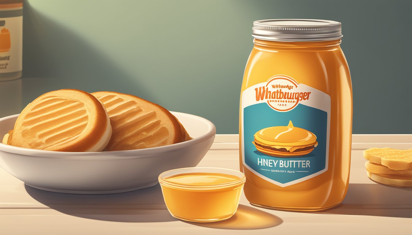 A jar of honey butter sits next to a dish of Whataburger sauce on a table, with a warm, inviting glow from the soft lighting