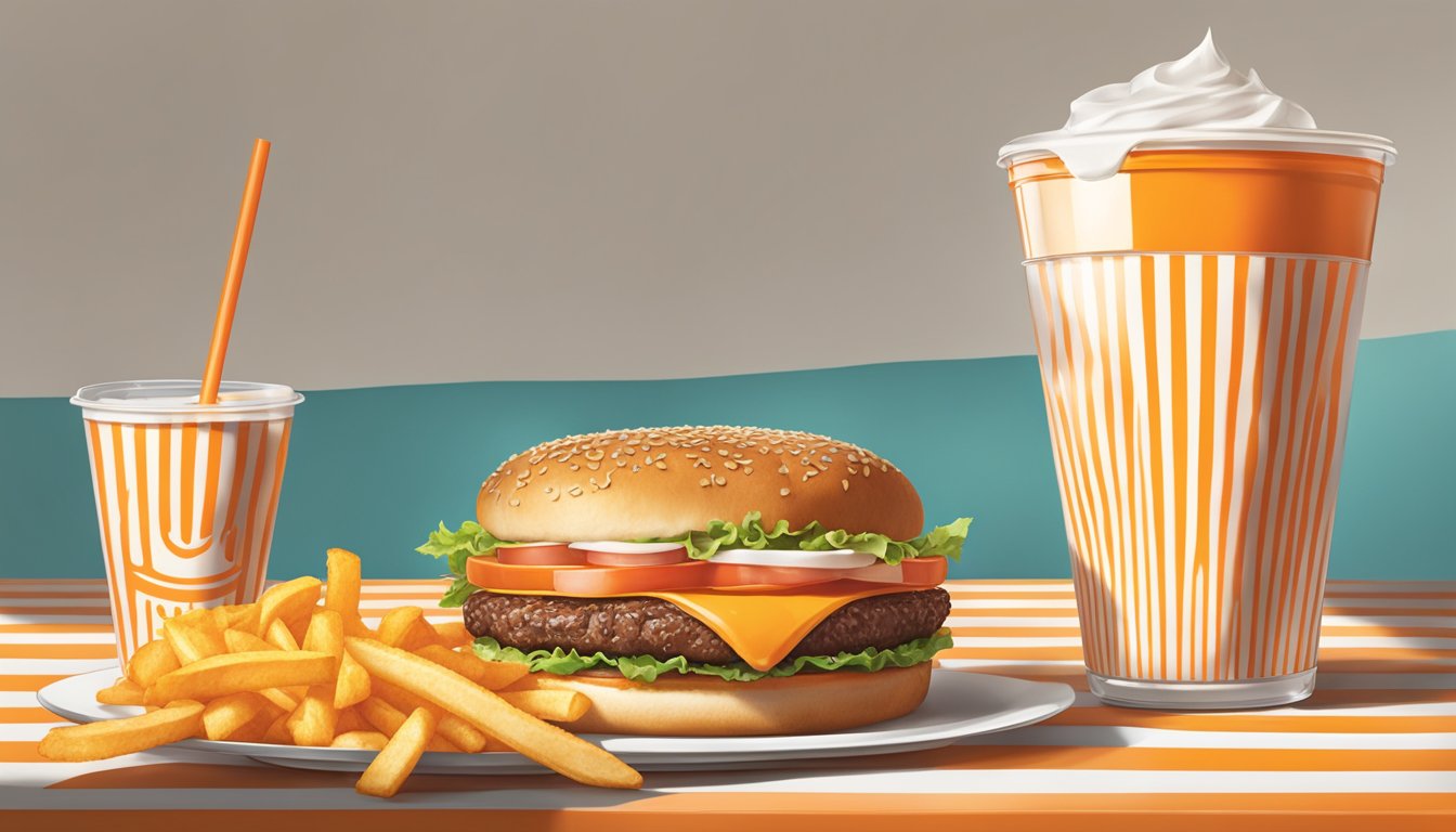 A table set with a classic Whataburger meal, featuring a juicy burger, crispy fries, and a refreshing drink, all under the iconic orange and white striped packaging