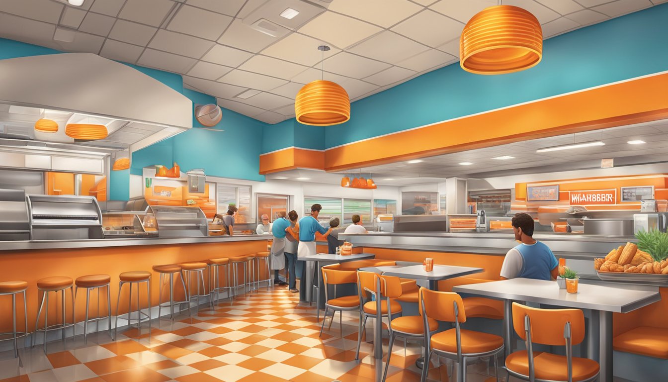 A bustling Whataburger restaurant in Wichita Falls, with colorful decor and a lively atmosphere