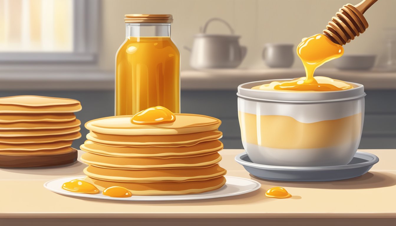 A jar of honey butter sits open on a table, next to a stack of warm, fluffy pancakes. A dollop of the sweet, creamy spread is melting into the golden surface