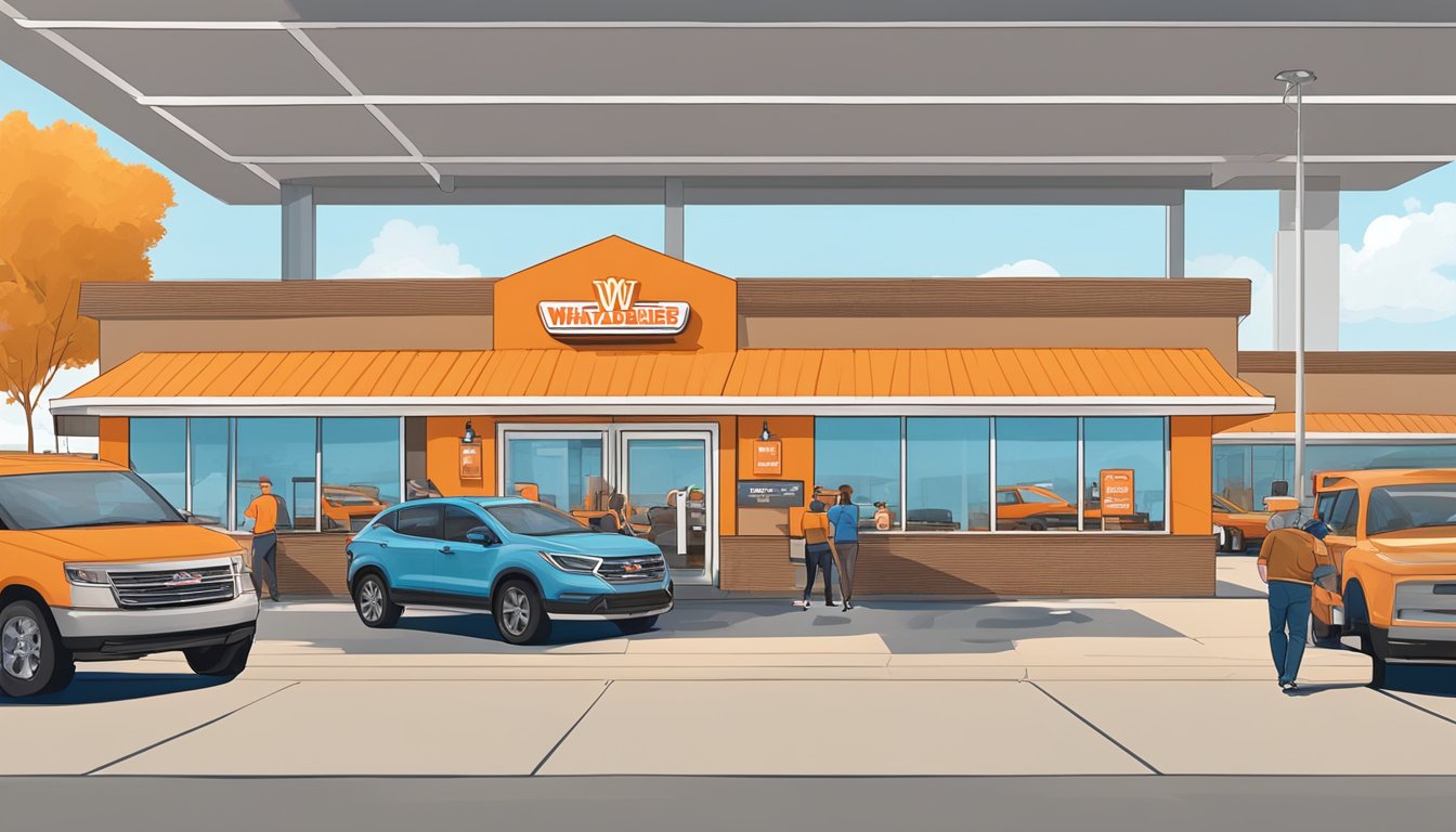 A bustling Whataburger restaurant in Wichita Falls, with a drive-thru line of cars and customers dining inside at various tables throughout the day