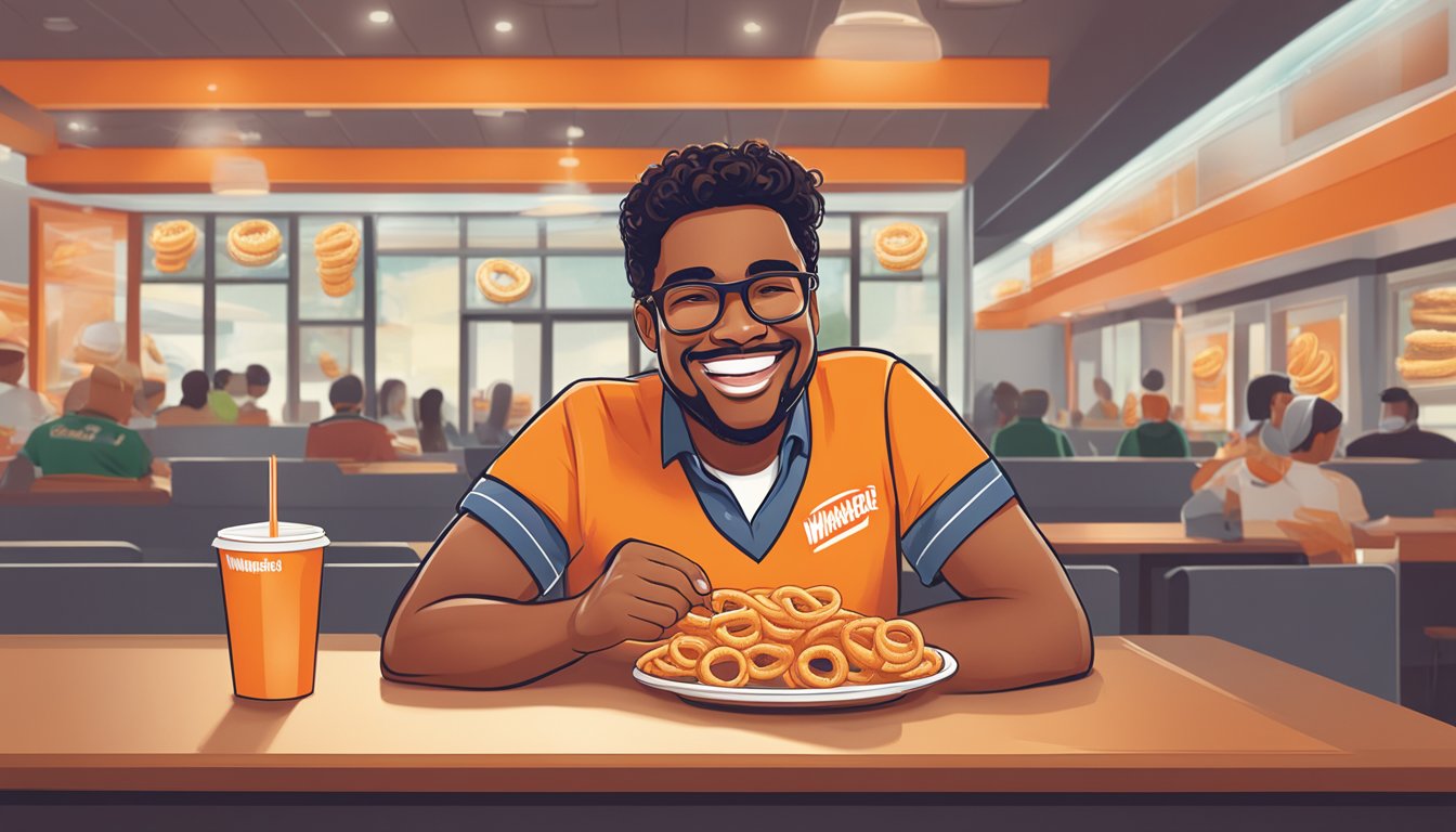 A customer enjoying crispy onion rings from Whataburger, smiling with satisfaction