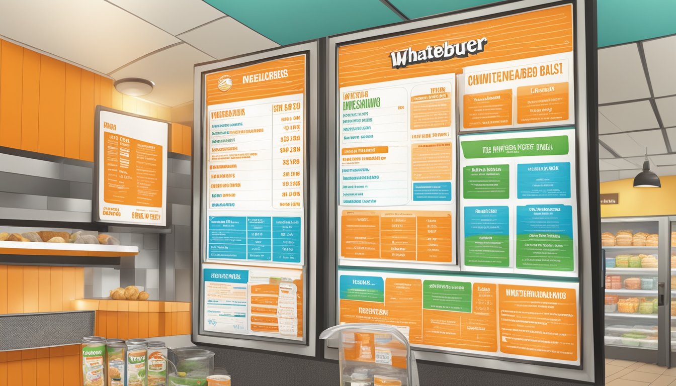 A colorful menu board displays nutrition and allergen information at a Whataburger in Wichita Falls