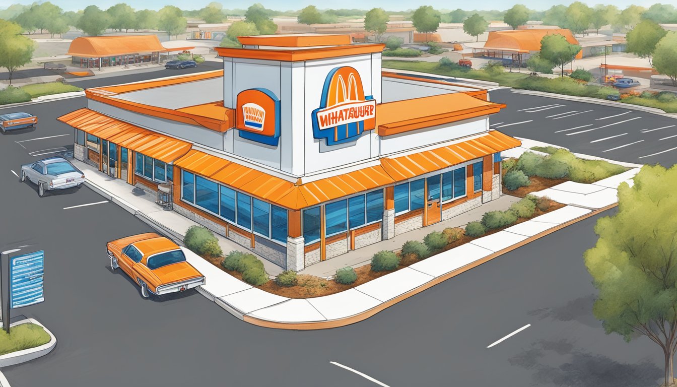 A bustling Whataburger in Wichita Falls, with a drive-thru, colorful signage, outdoor seating, and a logo-emblazoned building