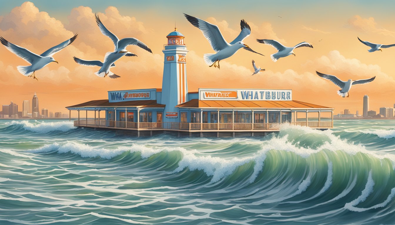 The iconic Whataburger sign stands tall against the backdrop of the historic Galveston skyline, with seagulls flying overhead and waves crashing on the shore