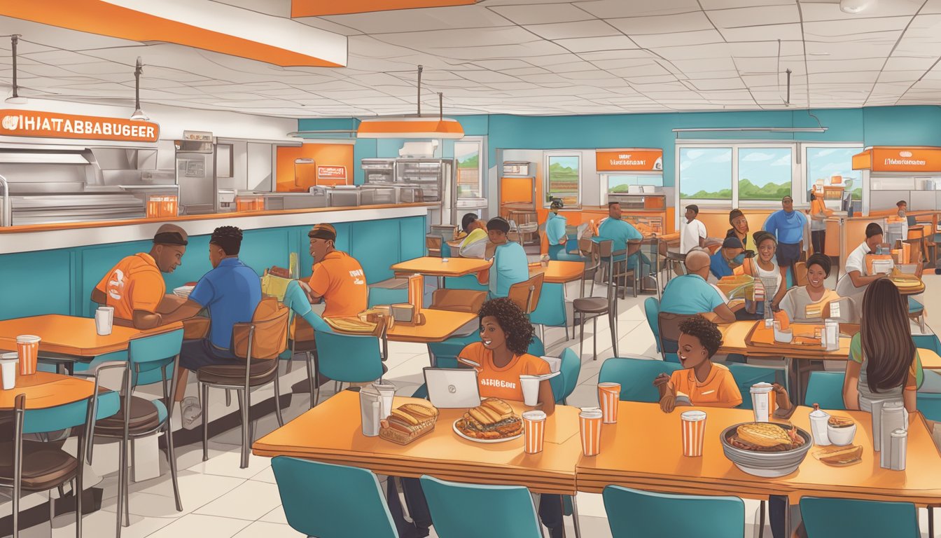 A bustling Whataburger in Tuscaloosa, with customers enjoying rewards and benefits. Tables filled with satisfied diners, while staff members serve up delicious meals