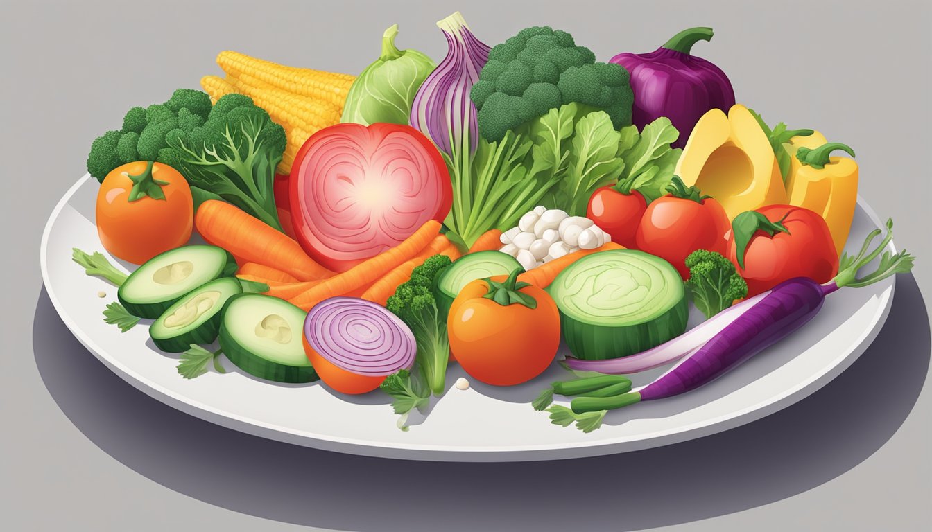 A colorful array of fresh vegetables and lean proteins arranged on a clean, modern serving platter