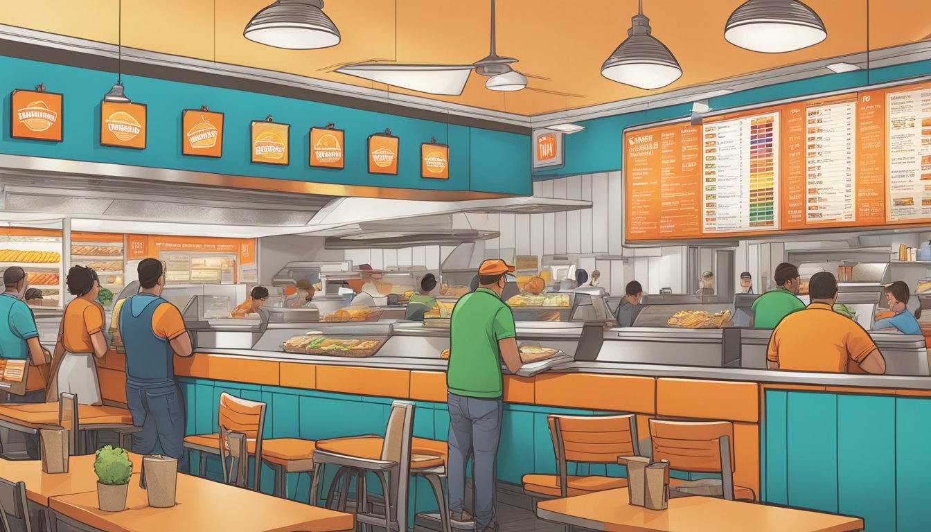 A bustling Whataburger restaurant with a colorful menu board and a line of customers ordering their favorite menu offerings