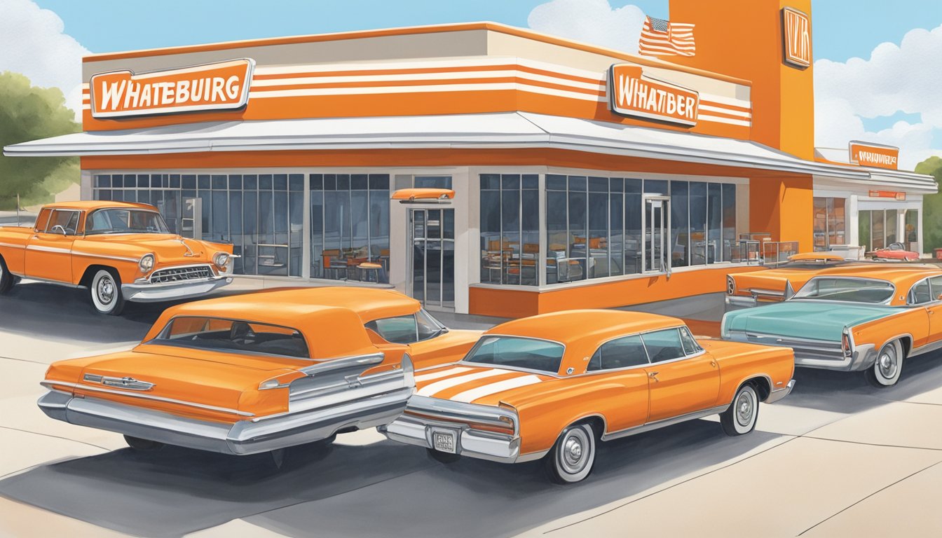 A bustling Whataburger restaurant in Tuscaloosa, with cars lined up at the drive-thru and customers entering and exiting the building. The iconic orange and white striped awning and signage are prominently displayed