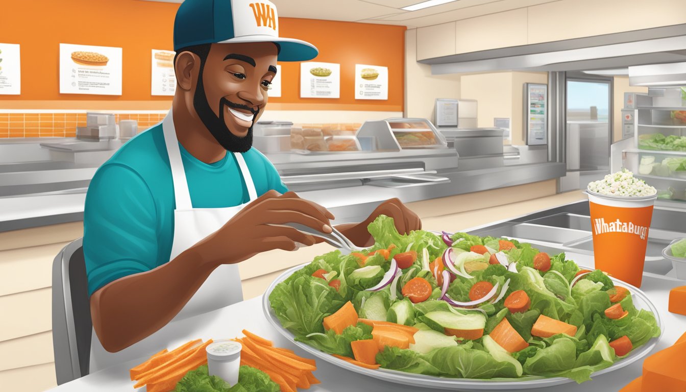 A customer at Whataburger customizes their salad with a variety of fresh ingredients from the menu options