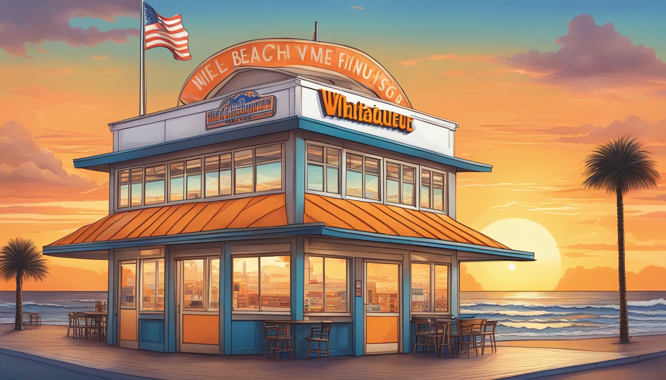 A beachside Whataburger with a colorful sunset backdrop, featuring the Galveston skyline and iconic specialty menu items