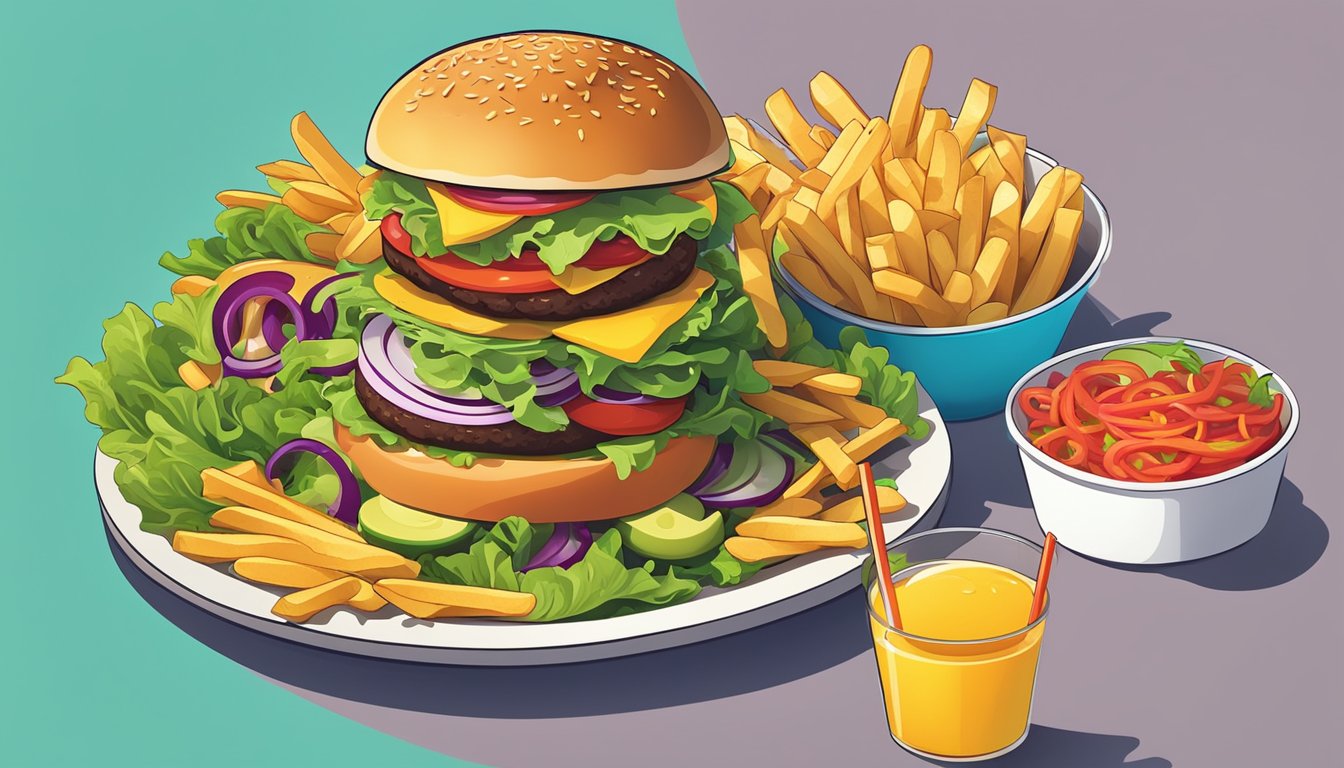 A colorful salad bowl surrounded by a juicy burger, crispy fries, and a refreshing drink on a tray