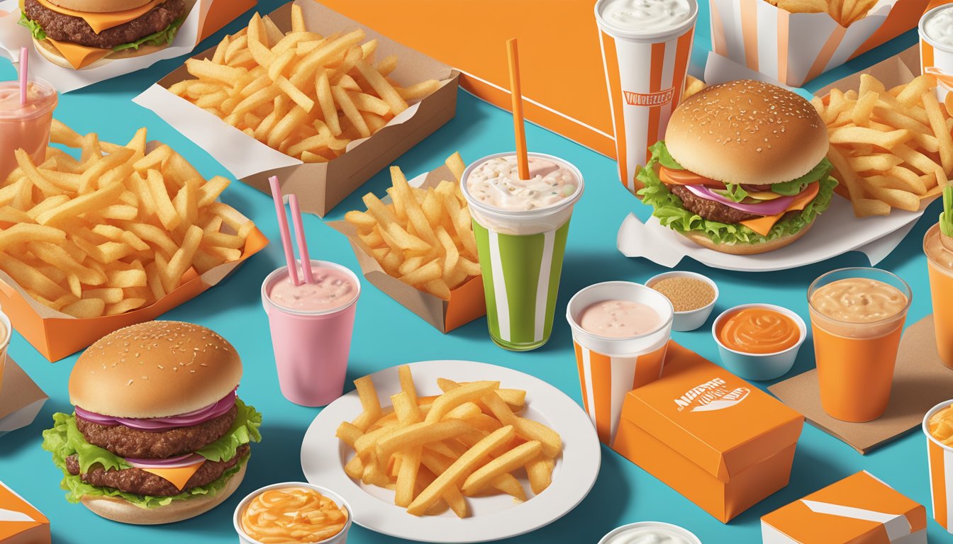 A colorful array of non-salad menu items at Whataburger, including burgers, fries, and milkshakes, displayed on a vibrant backdrop