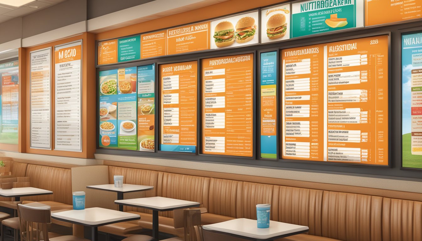 A colorful menu board with nutritional information and dietary options displayed at a Whataburger restaurant in Galveston