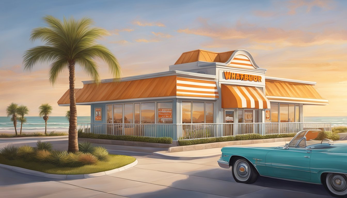 A Whataburger restaurant in Galveston, easily accessible with parking and a drive-thru, situated near the beachfront with palm trees and a warm, sunny atmosphere