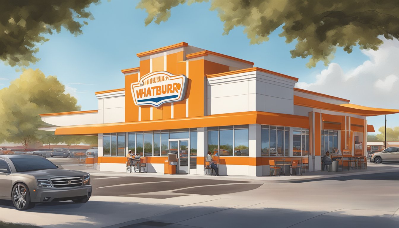 A bustling Whataburger location in Wichita, Kansas, with a drive-thru, outdoor seating, and the iconic orange and white striped building