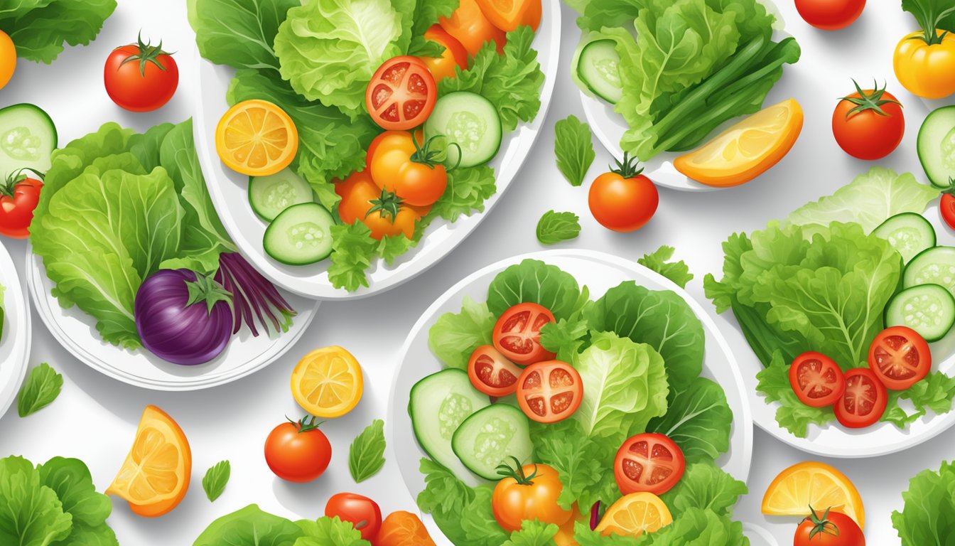 A colorful array of fresh lettuce, tomatoes, cucumbers, and other vibrant vegetables arranged on a clean, white plate