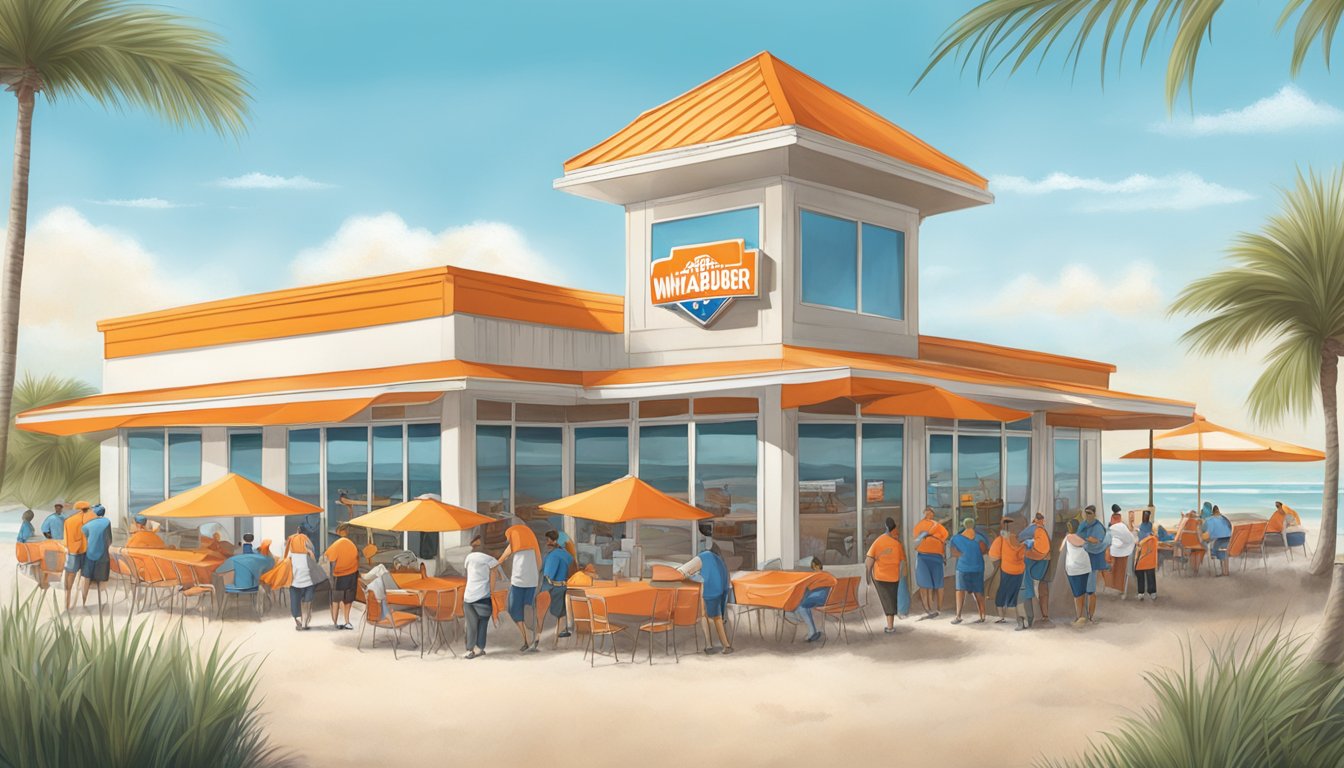 A Whataburger restaurant in Galveston, Texas, hosting a community event with local residents and employees working together to clean up the beach