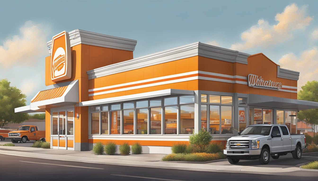 A bustling Whataburger restaurant in Wichita, Kansas, with a drive-thru, outdoor seating, and the iconic orange and white striped building