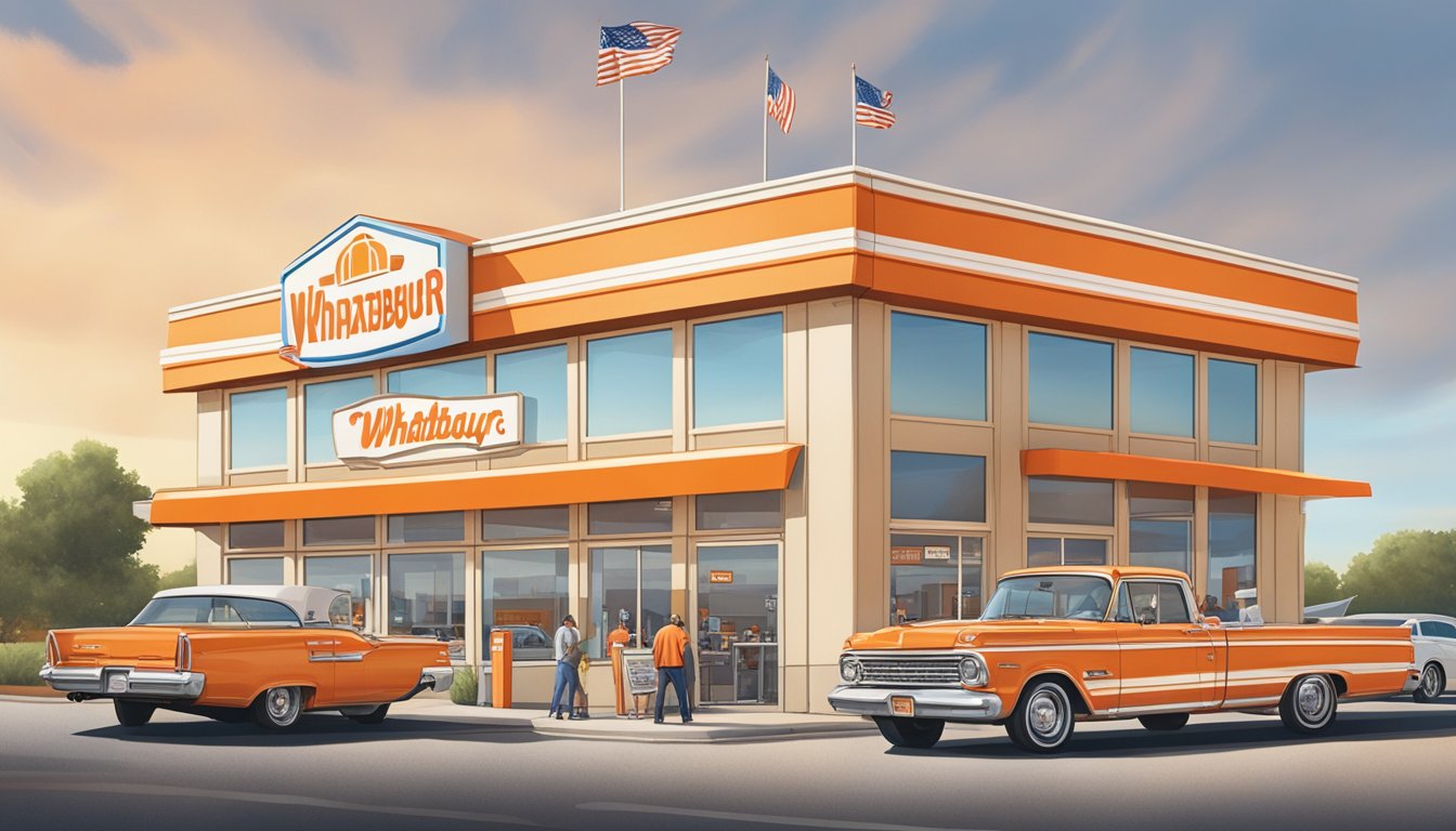 The iconic orange and white striped building of Whataburger stands proudly against the Kansas sky, with a line of cars wrapping around the drive-thru and employees bustling inside