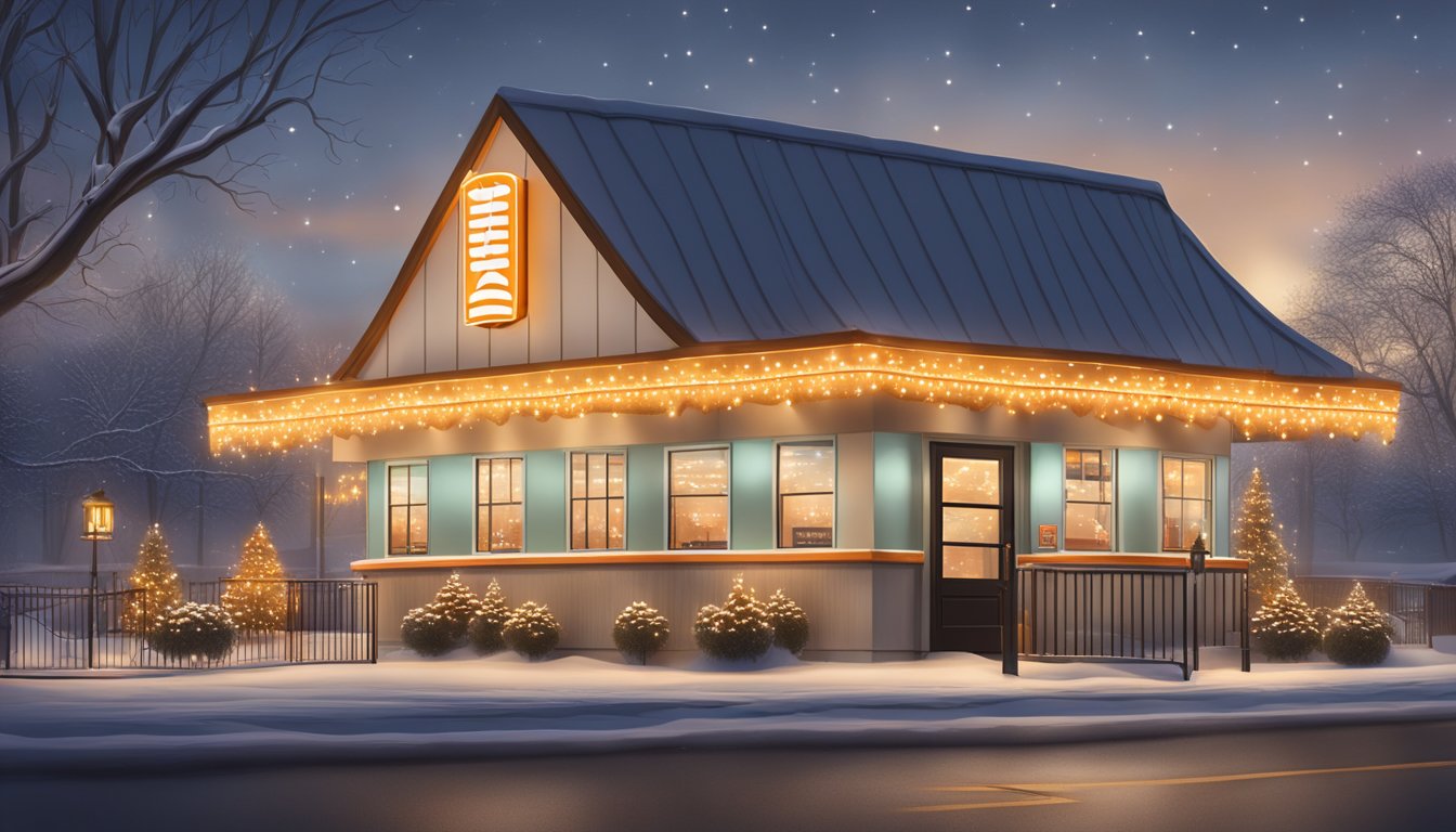 A Whataburger restaurant adorned with festive lights and decorations, with a glowing "Open" sign in the window on Christmas Eve