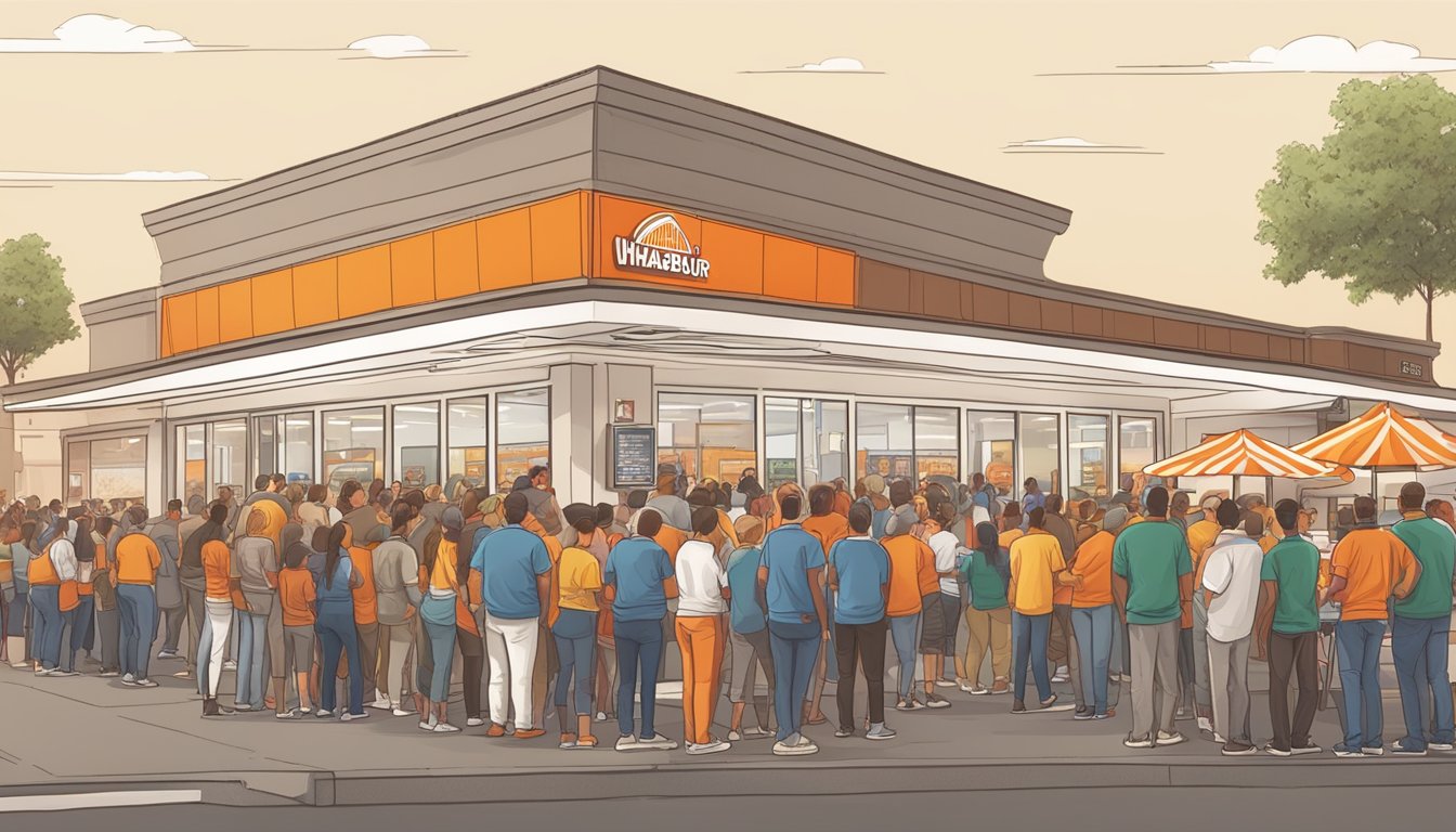 A crowded Whataburger restaurant with a long line of customers waiting to redeem their free burger promotion