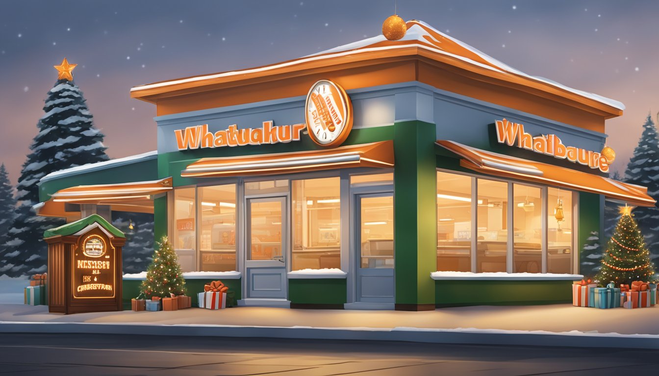 A Whataburger restaurant with festive holiday decorations, open sign, and a clock showing extended operating hours for the Christmas season