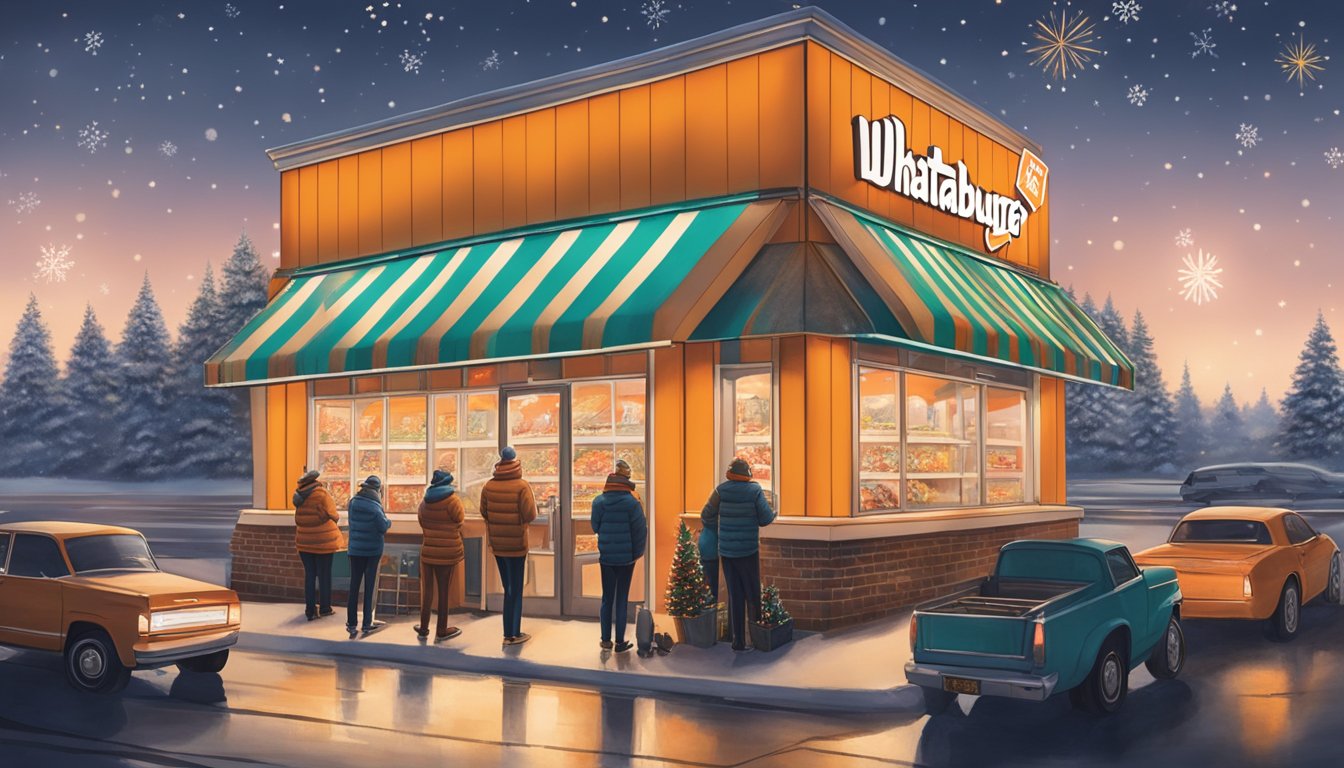 The Whataburger restaurant is brightly lit with a festive holiday display. The drive-thru is open, and customers are seen picking up their orders