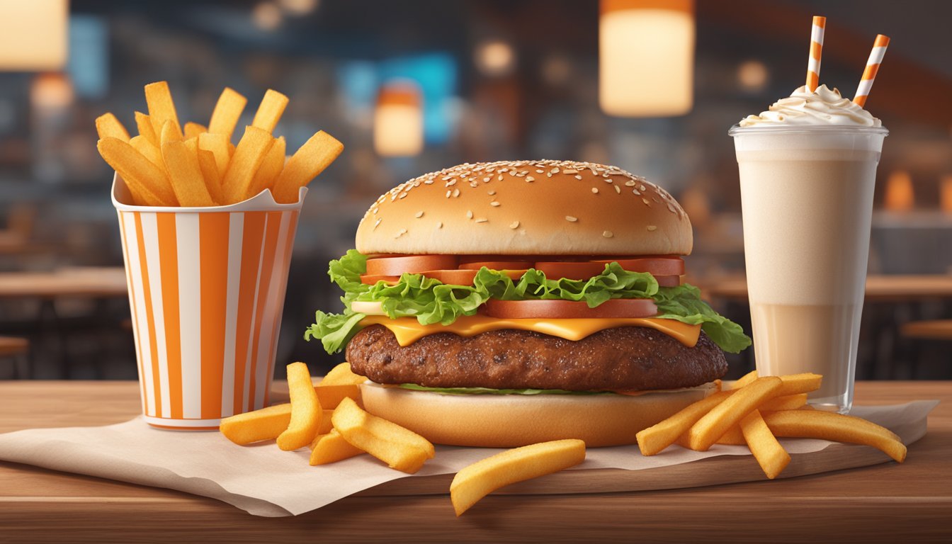 A juicy Whataburger with all the fixings, nestled between two soft buns, surrounded by a pile of crispy fries and a cold drink