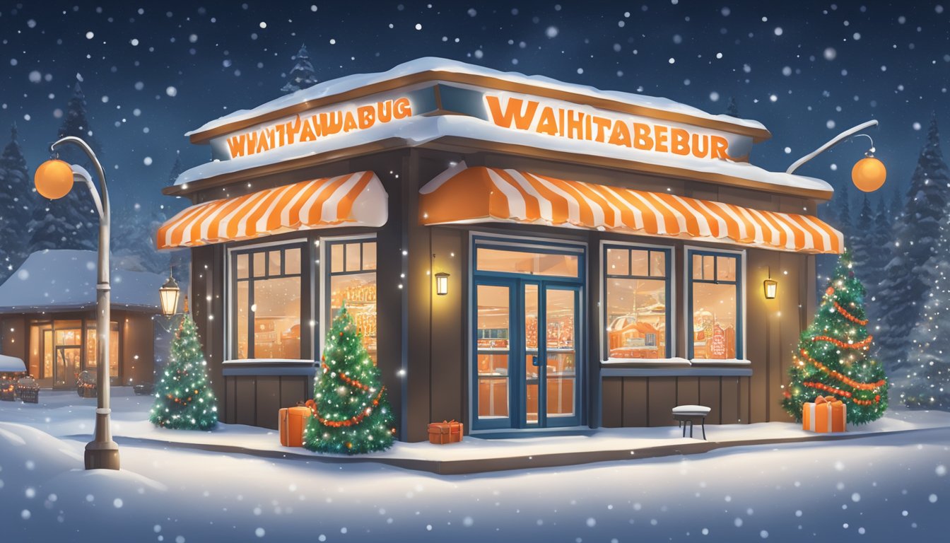 A snowy night with a glowing Whataburger sign, surrounded by festive Christmas decorations, with a clock showing the restaurant's holiday hours