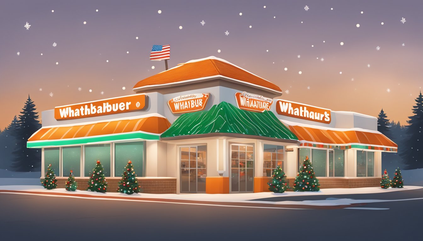 A festive Whataburger restaurant with holiday decorations and a sign displaying Christmas hours