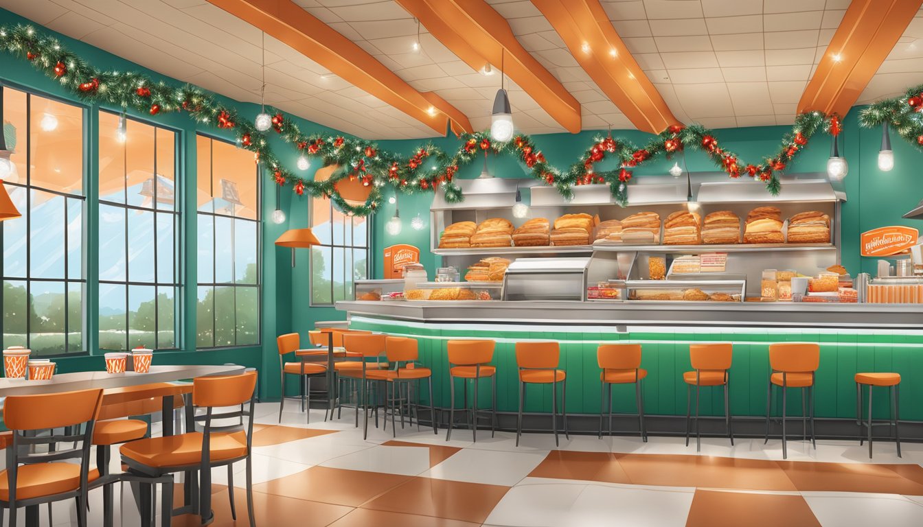 A Whataburger restaurant with festive Christmas decorations during regular operating hours