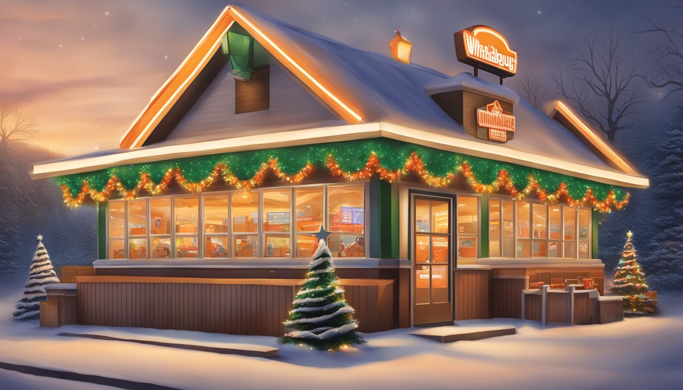 A Whataburger restaurant adorned with festive Christmas decorations, with a glowing sign displaying extended holiday hours for special events and promotional dates