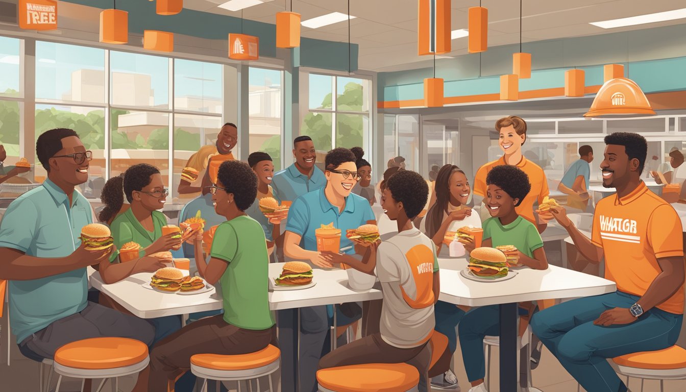 A group of people enjoying free burgers at a Whataburger restaurant as part of a community involvement event