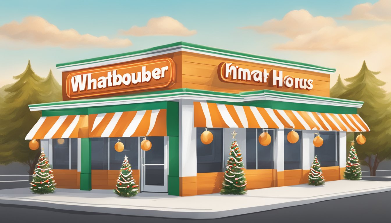 A festive Whataburger store front with holiday decorations and a sign displaying Christmas hours