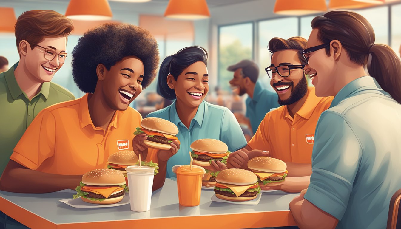 A group of employees enjoying free burgers at Whataburger, laughing and chatting in a casual and friendly atmosphere