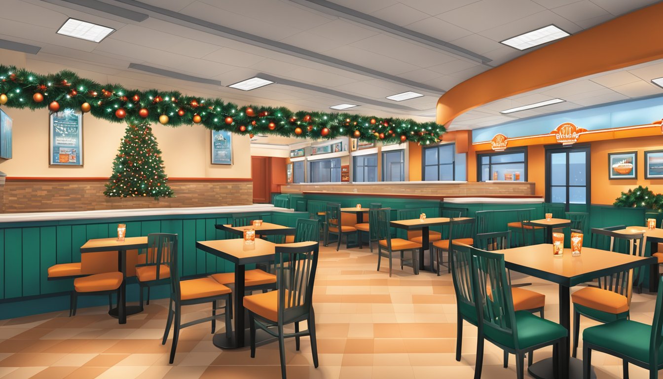 A Whataburger restaurant decorated for the holidays, with festive lights, wreaths, and a Christmas tree, open for special holiday dining hours