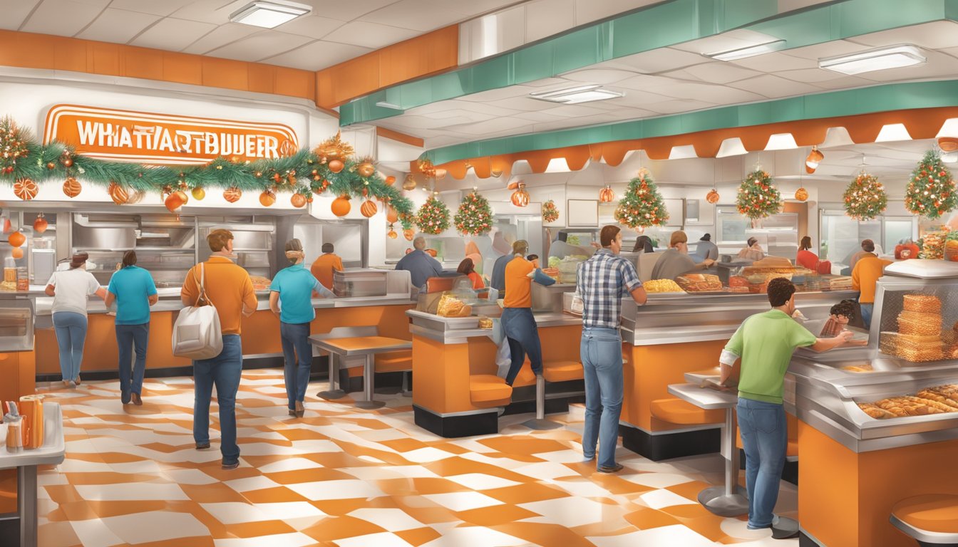 A bustling Whataburger restaurant adorned with festive Christmas decorations, with customers coming and going during the holiday season