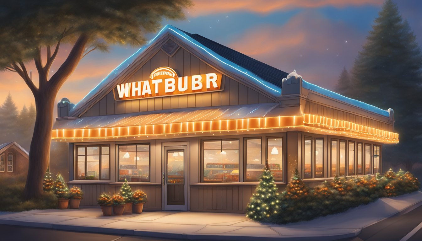 A festive Whataburger restaurant adorned with twinkling holiday lights and a wreath on the door, with a glowing "Open" sign in the window