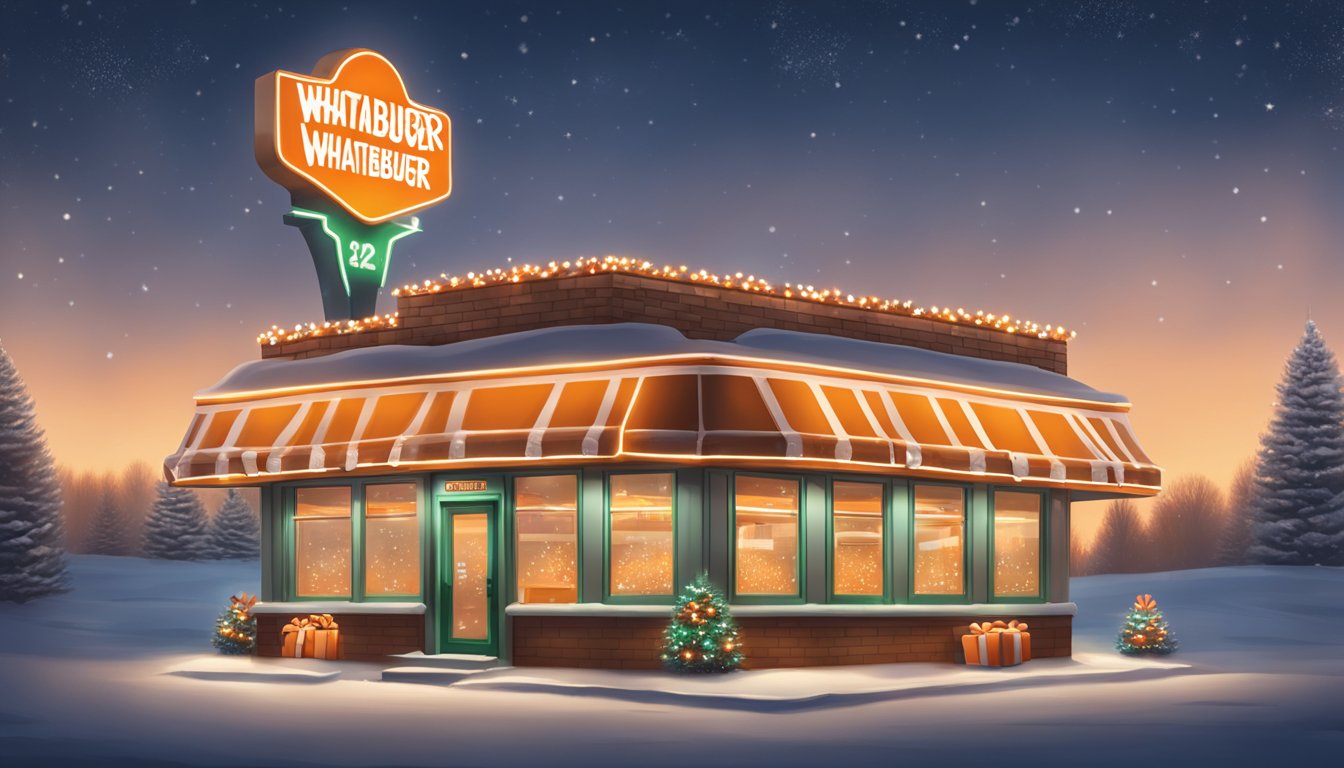 A festive Whataburger restaurant with holiday decorations and a glowing sign displaying Christmas hours