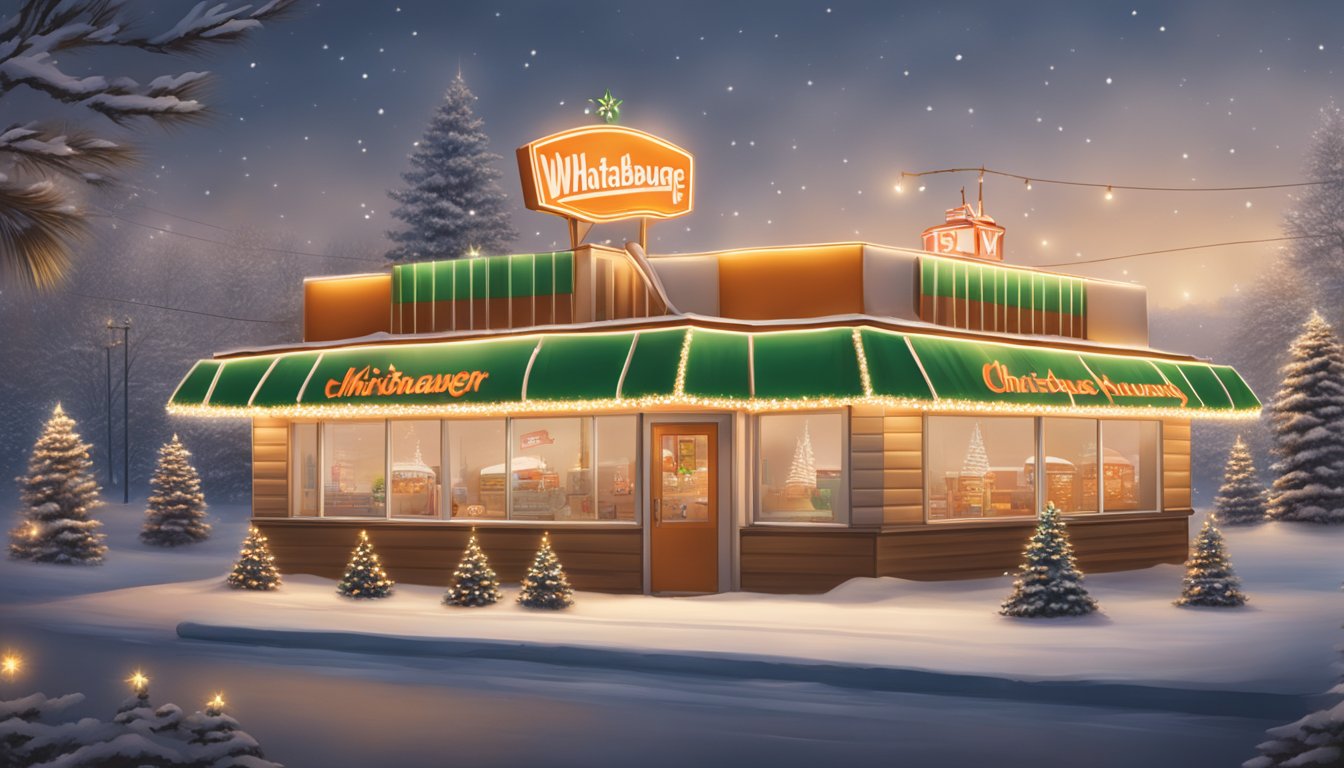 A festive Whataburger restaurant with holiday decorations, a glowing sign displaying Christmas hours, and a prominent customer service contact information display