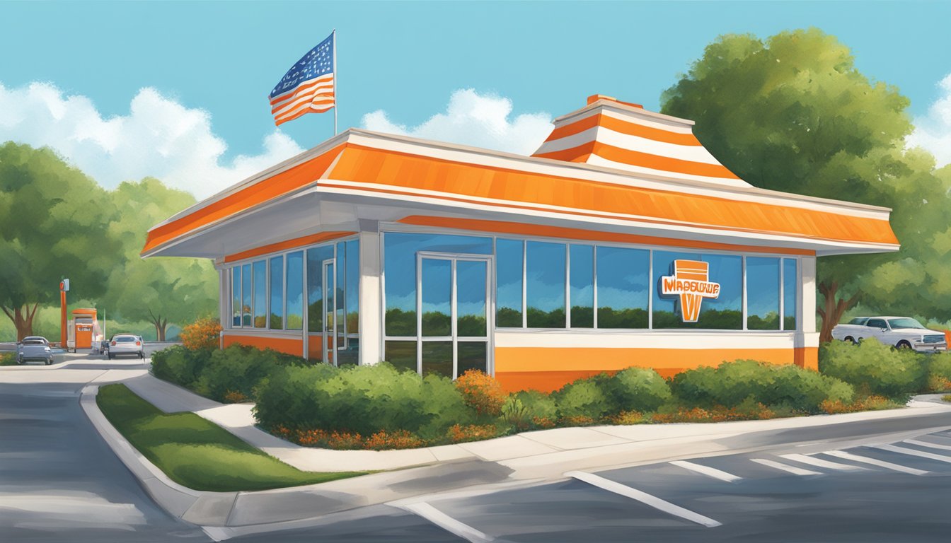 The iconic orange and white striped roof of a Whataburger restaurant stands tall against a bright blue sky, surrounded by lush green trees and a bustling parking lot