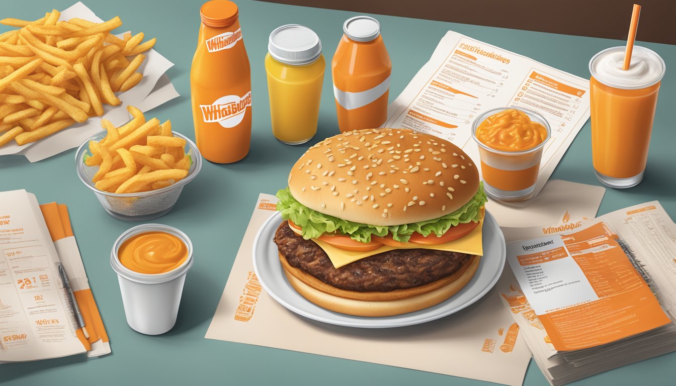 A table with a Whataburger menu and nutritional information pamphlet, surrounded by condiments and fast food packaging